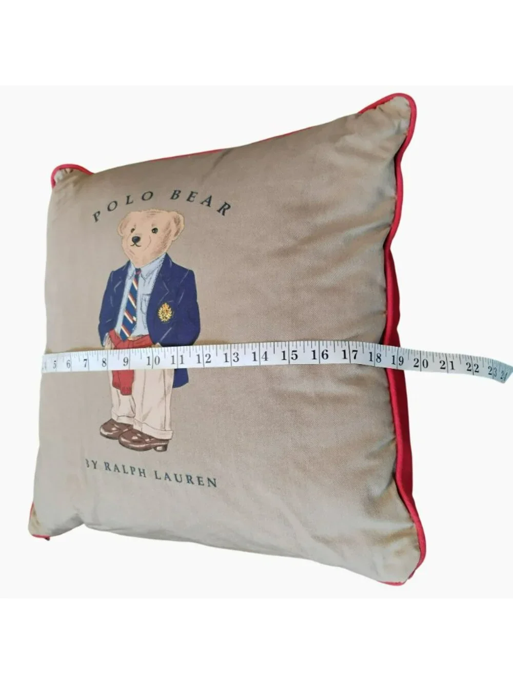 Vintage 1990s Ralph Lauren Polo Bear Pillow, Khaki Twill Canvas Red Trim, Preppy